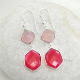 Pink Chalcedony Drop Earrings, Chalcedony Cushion and Hexagon Gemstone Earrings, 925 Sterling Silver Dangle Earring, Wedding Gift Earrings